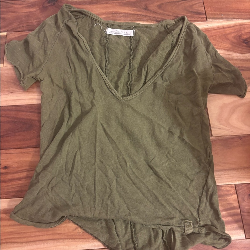 Free People Green Asymmetrical Short Sleeve Tee